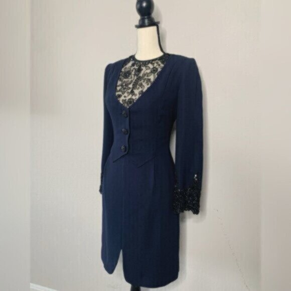 Badgley Mischka Vintage Navy Blue Lace Trim Button Accent Midi Dress - Picture 4 of 16